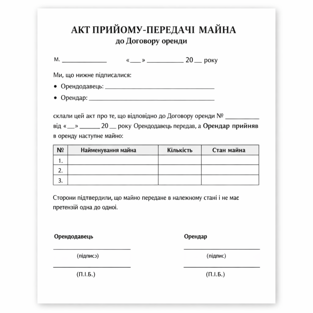 Акт прийому-передачі майна до договору оренди